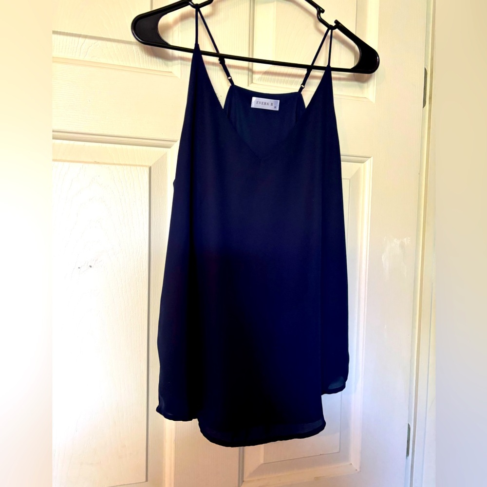 Evera B Tank Shell Top Navy Blue Adjustable Strap SZ S Classical Contemporary